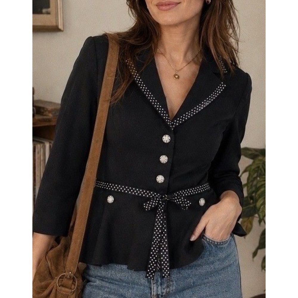 VTG Sag Harbor PEPLUM Blazer Wms 8 Black Pinstripe Ribbon Trim Rose Buttons Y2K